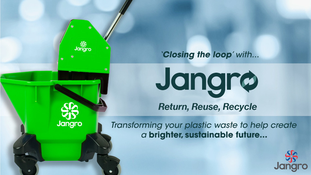 Image of a combo mop bucket and wringer with wheels and the Jangro logo, then text saying closing the loop with Jangro - Return, Reuse, Return Transforming your plastic waste to help create a brighter sustainable future