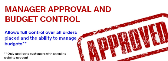 red text on a white background saying Manager Approval and Budget Control with an image of a red approved ink stamp on the white background